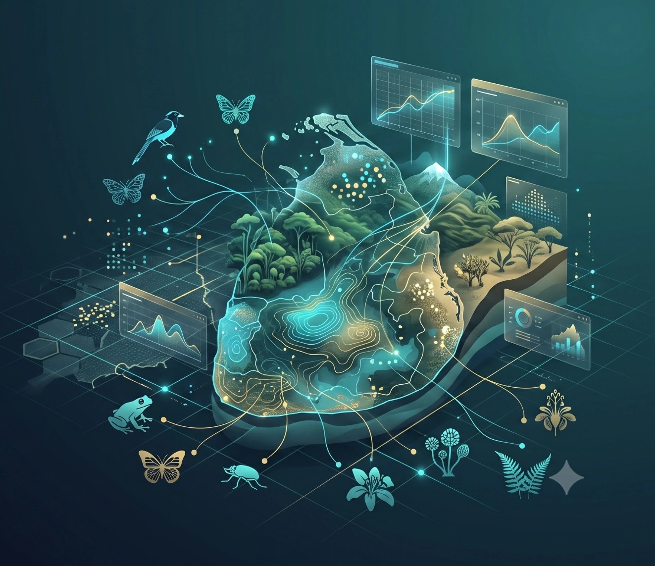 Abstract visualization of computational ecology, biodiversity modelling, geospatial analysis, ecological networks and conservation planning