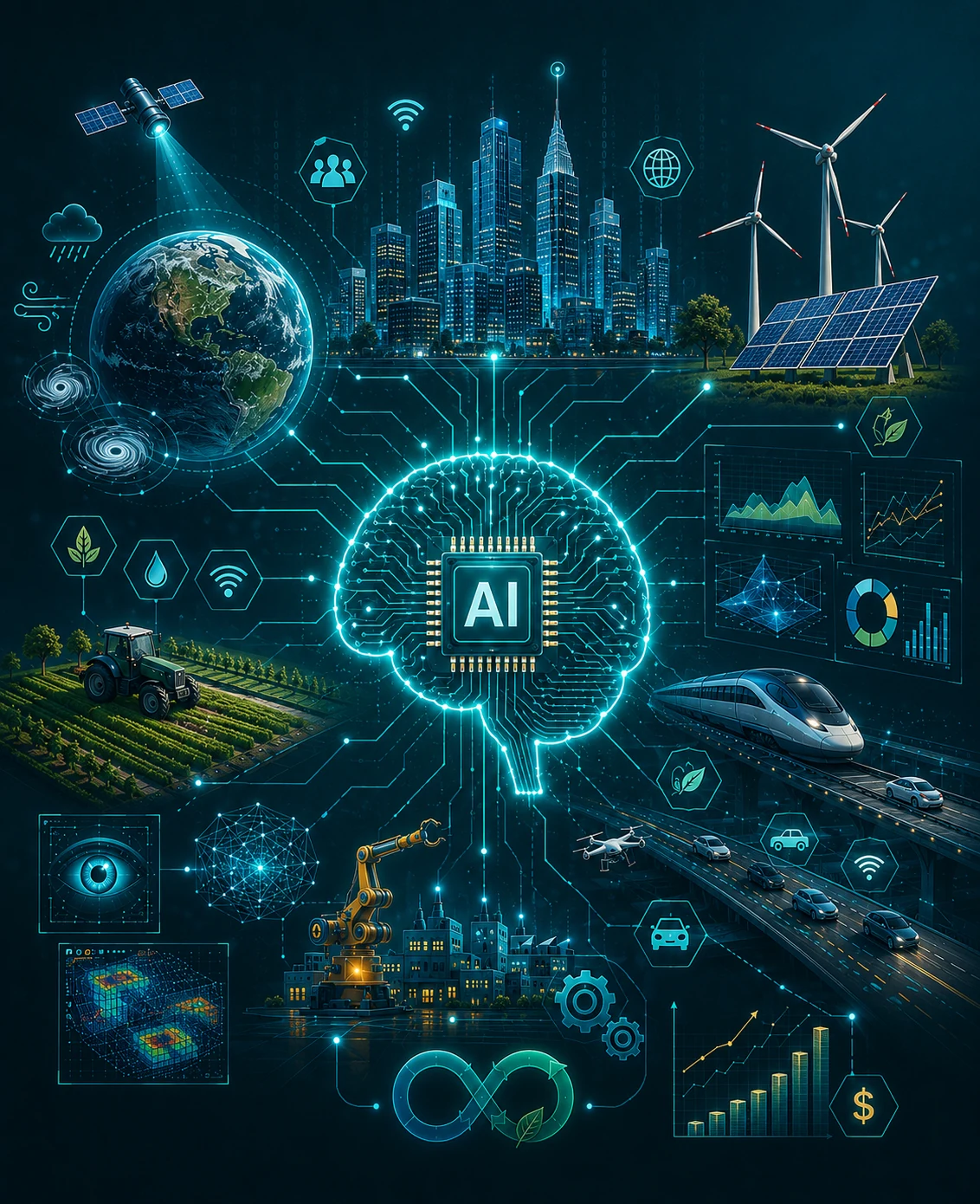AI-driven computational and mathematical modelling with smart cities, climate systems, energy, agriculture, transportation and industrial technologies