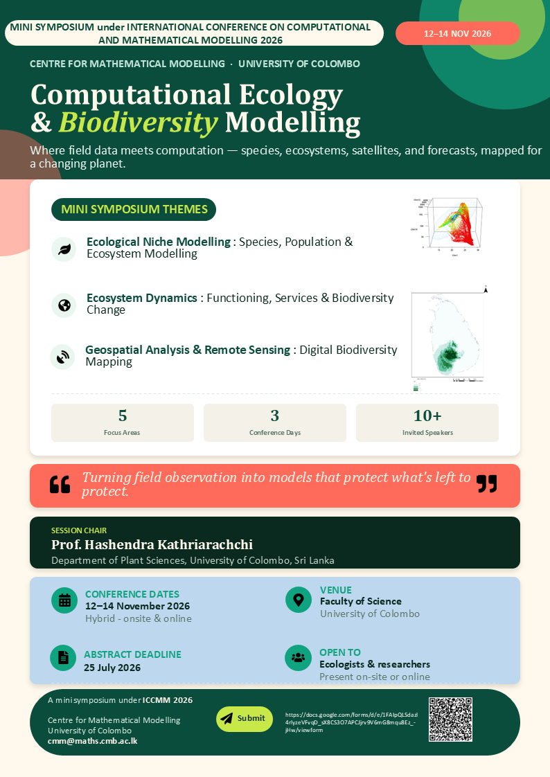 Official flyer for the ICCMM 2026 Mini Symposium on Computational Ecology and Biodiversity Modelling